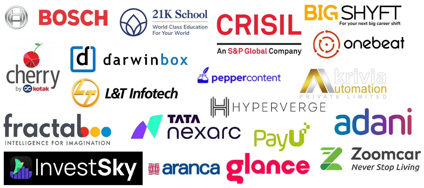 Client logos: Bosch, 21K School, CRISIL, BigShyft, onebeat, Cherry by Kotak, Darwinbox, L&T Infotech, Pepper Content, Krivia Automation, HyperVerge, Fractal, Tata Nexarc, PayU, Adani, InvestSky, Aranca, Glance and Zoomcar