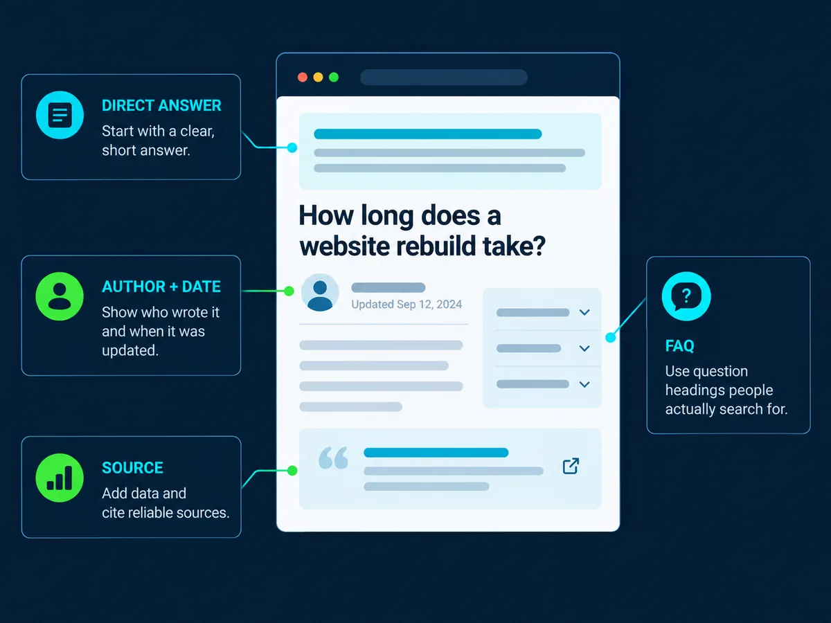 A web page laid out for AEO: a direct answer at the top, the author and update date under the question heading, FAQs alongside, and a cited source at the bottom.